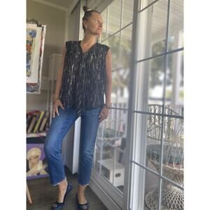 Pas De Calais Chic Black Gray Marble Sleeveless Tunic Top Asym V-Neck M/L